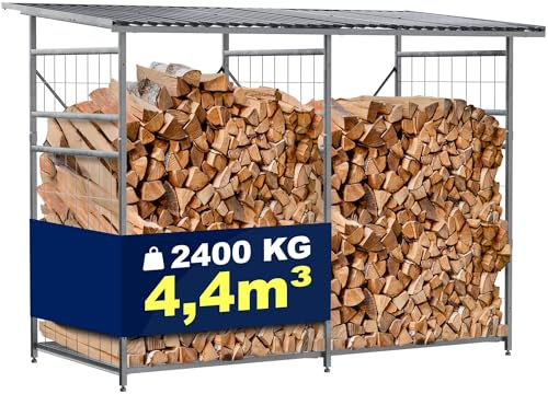 CLP Brennholzregal Macon, wetterfest mit Dach frei wählbarer Neigung, feuerverzinkter Stahl für 2,2m³ oder 4,4m³ Kaminholz, Holzlager, Farbe:Metall, Set-Inhalt:Brennholzregal + Erweiterung