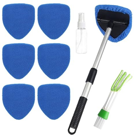 Detergente per Parabrezza Auto, comprendente 6 panni in microfibra, una spazzola per l'aria condizionata e 1 flacone spray, con manico telescopico girevole a 180 gradi(Blu)