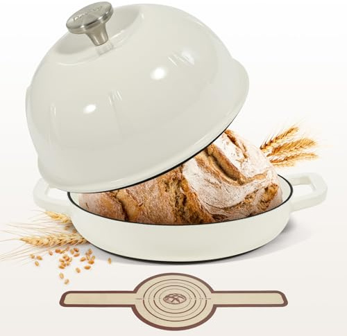 Davivy Forno olandese in ghisa smaltata per pane a lievitazione naturale, pentola olandese con coperchio a cupola, pentola per il pane in ghisa, con fionda per il pane, bianco