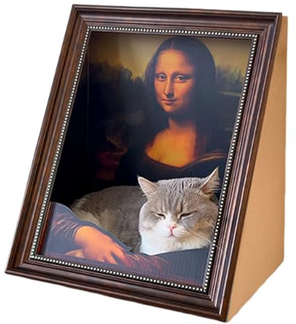 Gupcaqosjw Panier pour Chat Mona Lisa Griffoir Rétro pour Chat, Salon Cadre Photo, 42x35x5 3cm Meubles À Gratter avec Cadre en Bois, Lit Chaise Longue en Papier Ondulé, Mona Lisa avec Style Vintage