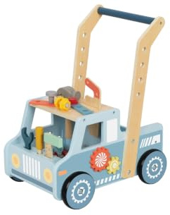 TOOKY TOY Chariot de marche avec établi en bois FSC - Trotteur enfant avec outils & accessoires, jouet montessori éducatif, développe motricité, cognitif & social, cadeau dès 3 ans
