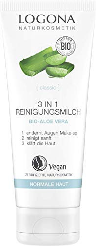 Bio 3in1 Reinigungsmilch von LOGONA Naturkosmetik mit Bio-Aloe Vera für normale bis trockene Haut, Reinigt gründlich und porentief und versorgt die Haut mit Feuchtigkeit, Natürlich & Vegan, 100 ml