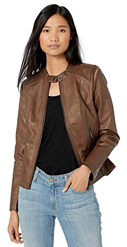Sebby Collection Women's Faux Leather Jacket with Moto Details and Front Zip Pockets, Whiskey, Medium