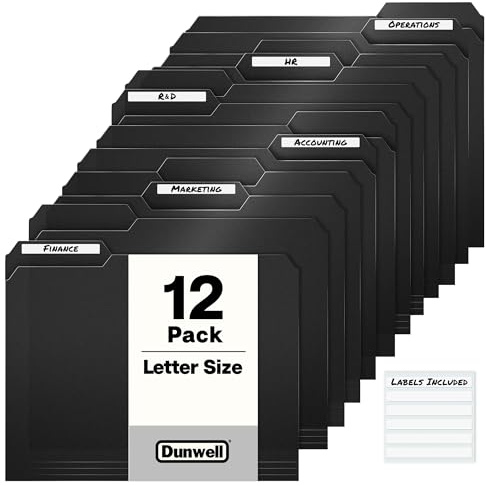 Dunwell Plastic Black 3-Tab Folders, (12 Pack), Sturdy 1/3 Tab File Folders for 8.5x11 Documents, Plastic Manila Filing Sleeves, Acid-Free Poly, Includes Labels