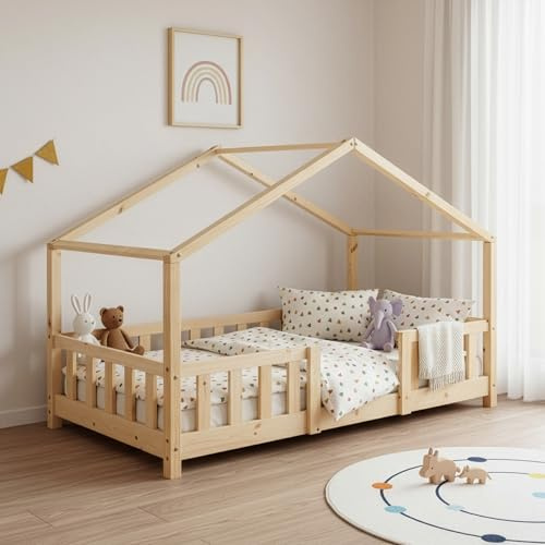 [en.casa] Letto per Cameretta a Forma di Casetta con Barriera di Protezione Letto Singolo in Stile Montessori per Bambini Struttura in Legno di Pino 70 x 140 cm Naturale