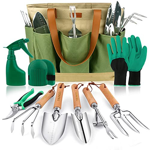 YAUNGEL Ensemble d'Outils de Jardinage, 10 Pièces en Acier Inoxydable à Usage intensif avec poignée en Bois antidérapante - Cadeaux pour Les Femmes et Les Hommes, Vert