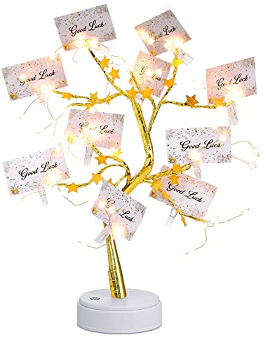 Coume Money Tree Gift Card Holder 1.5 ft Tabletop Display Tree with 72 LED Lights 15 Clear Clips Gold Display Birch Twig for Money Wedding Card Photo Birthday