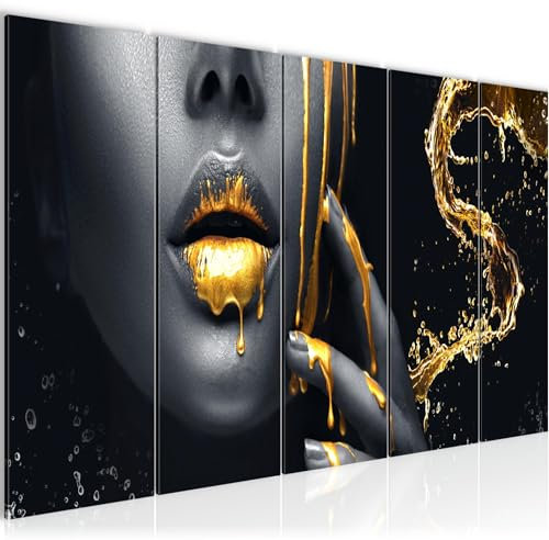 Runa Art Wandbild XXL Lippen Gold Schwarz Wohnzimmer Schlafzimmer 200 x 80 cm Frau 5 Teilig - Made in Germany - 041555a