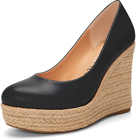 Castamere Femmes Haut High Talon Heel Compensé Plate-Forme Rond Bout Escarpins Slip-on Classique Cute Bureau Chaussures Noir 40 EU