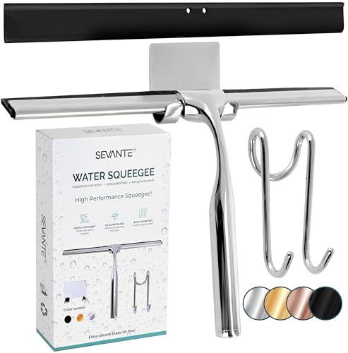 SEVANTE Duschabzieher 24,5 cm - Metall Fensterabzieher - Bad Accessoires - Abzieher Dusche mit Halterung - Flitsche für Dusche, Glas und Spiegel - Duschkabinenabzieher - Silber