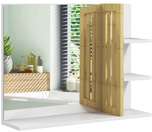 HOMCOM Espejo de Baño Moderno Espejo de Pared Rectangular con 4 Estantes de Almacenamiento para Maquillaje Tocador Vestidor 45x15x58,5 cm Blanco