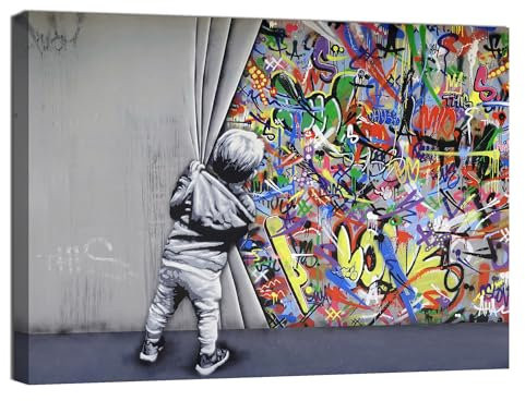 canvashop Quadri Moderni Soggiorno Banksy Bambino Apre il Sipario 50x35 cm Stampe da Parete su Tela Canvas Pronti da appendere Street Art Graffiti
