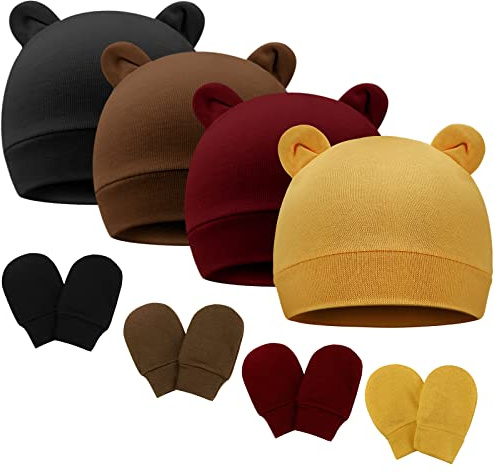 AQOKKA 4 Pcs Newborn Baby Bear Ear Hats and Mittens Set Infant Beanie Caps Newborn Hospital Hat for Baby Boy Girl 0-3 Months