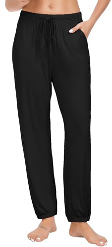 Vlazom Pantalon de Pyjama Femme Coton Bas de Pyjama Rayé Pantalon de Nuit Vêtements de Nuit Élastique avec Poches pour Sommeil Loisir，Noir，XXL