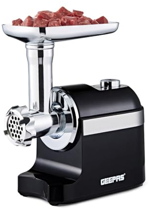 Geepas Electric Meat Grinder | Stainless Steel Meat Mincer & Sausage Stuffer, Food Grinding Mincing Machine with Kibbe | 3 Different Cutting Plates, Reverse Function, 1800W, Plastic Housing, Black