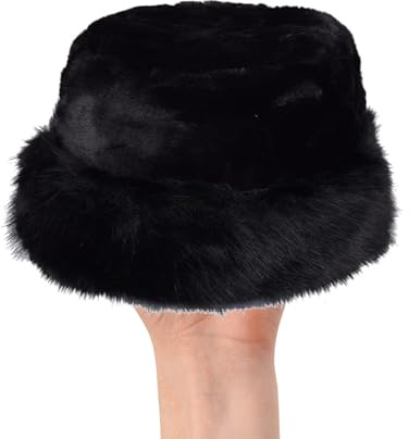 TT ThreadTrade Winter Faux Fluffy Fur Round Hat, Women Classic Style Bucket Hat, Trendy Plush Hat, Soft And Warm, Perfect For Outdoor Activities, (UK, Alpha, One Size, Black)