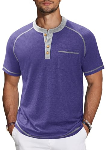 TARAINYA Henley T-Shirt Uomo Cotone Manica Corta Maglietta Tinta Unita Estate con Tasche Casual Viola Grigio XL