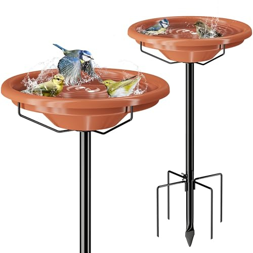 iBorn Bird Bath for Outside,92cm Metal Freestanding Bird Baths with 3 Adjustable Height Pole,30cm BPA-Free Bowl,5-Prongs Base,Terracotta,1 Pack（Not Include Fountain）