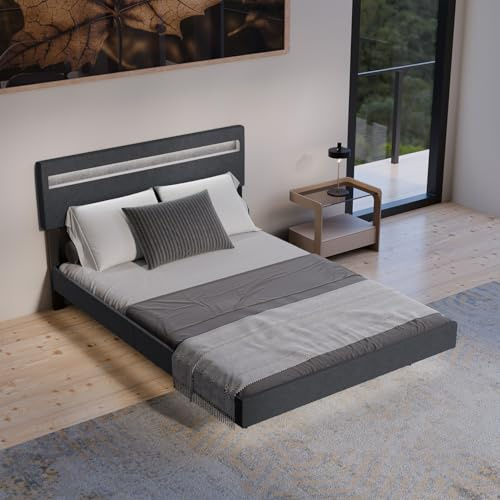 Juskys Schwebebett Lissabon 140x200 cm dunkelgrau- Polsterbett mit LED, Lattenrost und Kopfstütze - Modernes Bett mit Holz Bettgestell und Leinen