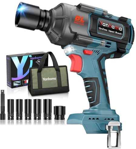 Yanhama Llave De Impacto 1400 Nm, Kit De Pistola De Impacto Sin Cepillo De 1/2 Pulgadas Compatible Con La Batería Makita, 6 Enchufes, Para Tuercas De Ruedas De Coche, Motocicleta, Camión (Sin Batería)
