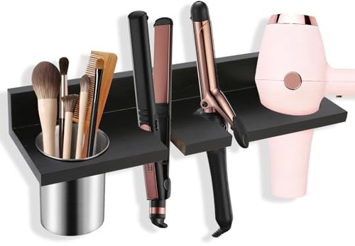 SLLPL Hair Tool Organizer for Bathroom – Wall Mounted Hair Dryer Holder with Heat-Resistant Cups, Curling Iron & Straightener Rack, Blow Dryer Organizer for Vanity or Wall (Black)