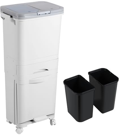 Peviasot Cubo de basura de cocina con 3 compartimentos, 42 L, cubo de basura con pedal, cubo de basura con tapa, contenedor de basura reciclable, separador seco y húmedo, para cocina, hogar y oficina