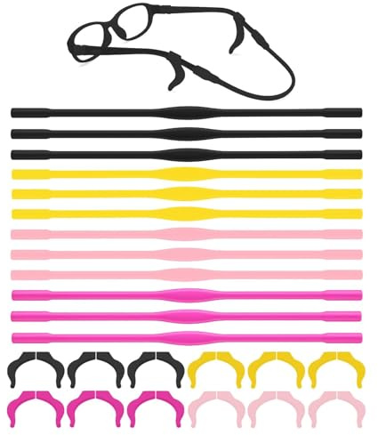 12 Piezas Correa para Gafas Deportivas con 12 Pares de Ganchos de Silicona, Cordones Antideslizantes para Gafas, Correa Elástica Suave para Niños y Adultos, Accesorios Ajustables para Deportes