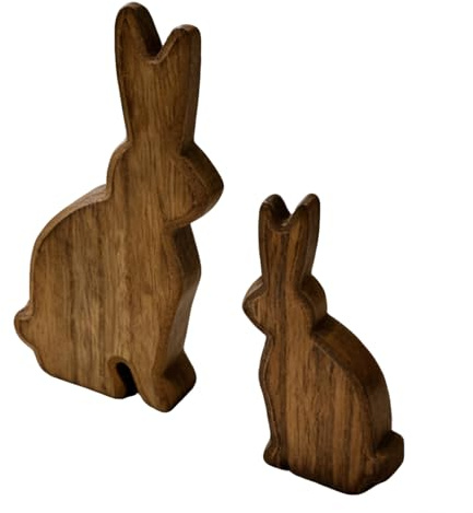 FESTGLOX Wooden Easter Bunny Decor, Rustic Wooden Bunny Figurines Set of 2, Natural Brown Wood Rabbit Statues for Farmhouse Spring Home Decor, Mantel Shelf Centerpiece, Unique Gift
