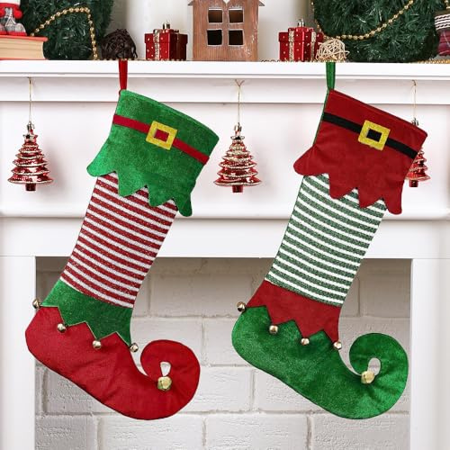 DAJASD Calze di Natale Personalizzate, 2 Pezzi 56 cm Calze Natalizie da Appendere, Calza Befana Personalizzata, Grandi Calze di Natale a Forma di Elfo per Alberi di Natale e caminetti