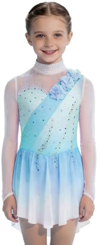CHICTRY Abito da Pattinaggio Artistico Bambina con Strass Body Danza Classica Moterna Leotards da Balletto Abito da Ballo Latino Jazz Competizione Spettacolo Azzurro Chiaro 11-12 Anni