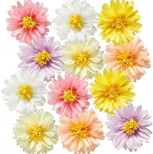 AYZDJ Juego de 12 piezas de decoración de flores de papel, flores de papel de margaritas y pompones de flores, perfecto para primavera, baby shower, boda, fiesta de té, jardín, fiesta de cumpleaños