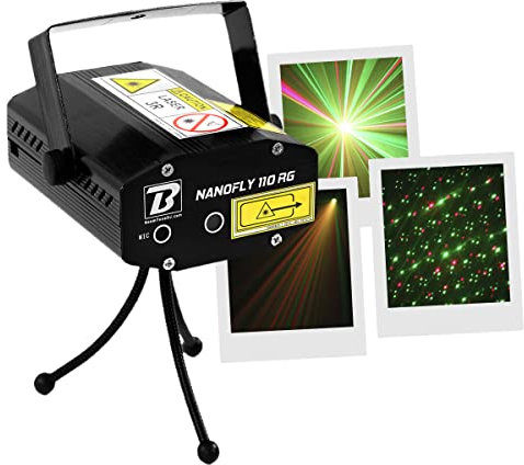 BoomTone DJ LZR d'animation multi-points NANOFLY 110 RG rouge et vert. Stroboscope. Programmes automatiques. Détection musicale. Eclairage soirée, Disco mobile. Eclairage DJ. Trépied inclus.