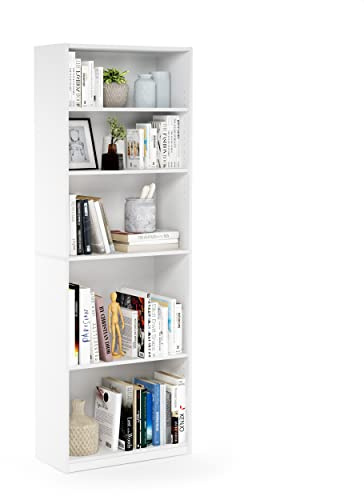 Furinno JAYA Book Shelf, 5-Tier Bookshelf, Bookcase with Adjustable Shelves, 9.5 x 24.5 x 71.2, for Living Room, Bedroom, Home Office, White