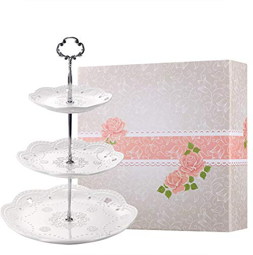 BonNoces 3-Tier Porcelain Cupcake Stand Serving Tray - White Embossed Elegant Dessert Cake Stand - Pastry Serving Stand for Tea Party, Wedding and Birthday