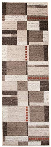 TAPISO Rasta Teppich Läufer Meterware Modern Kurzflor Meliert Vierecke Figuren Braun Beige Rot Flur Brücke Wohnzimmer Esszimmer ÖKOTEX 120 x 210 cm