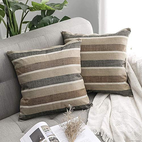 MIULEE 2er Set Streifen Kissenbezüge Kissenhülle Leinenoptik Sofakissen Dekorative Kissenbezug Dekokissen Deko Couchkissen Bezug für Sofa Büro Couch Schlafzimmer Wohnzimmer 40x40 cm Kaffee