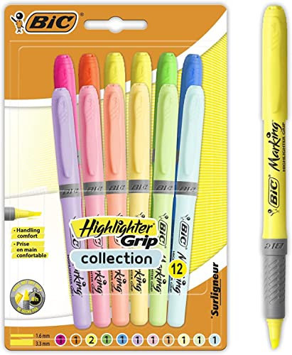 BIC Highlighter Grip Textmarker mit abgeschrägter Spitze, verstellbar, Farben in intensiven und Pastelltönen, sortiert, 12 Stück