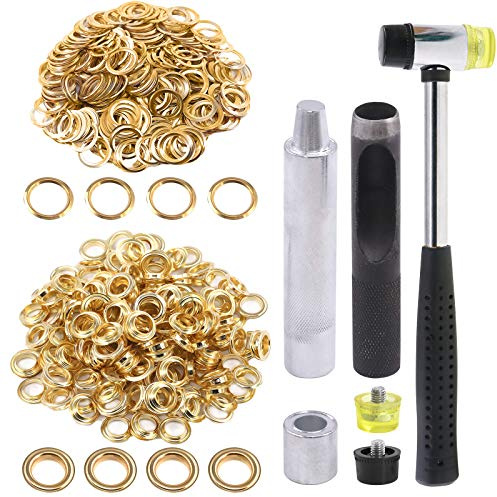 Glarks Lot de 124 œillets dorés de 1/2 avec kit d'outils, 120 œillets avec 4 outils d'installation pour tissu, toile, rideau, vêtements, réparation du cuir et décoration