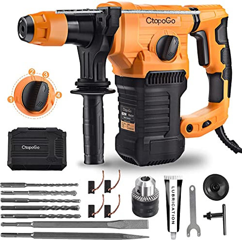 Taladro de martillo perforador SDS-Plus de 1500 W, 1-1/4 pulgadas, embrague de seguridad, 4 funciones con control de vibración, que incluyen grasa, cinceles y brocas con estuche
