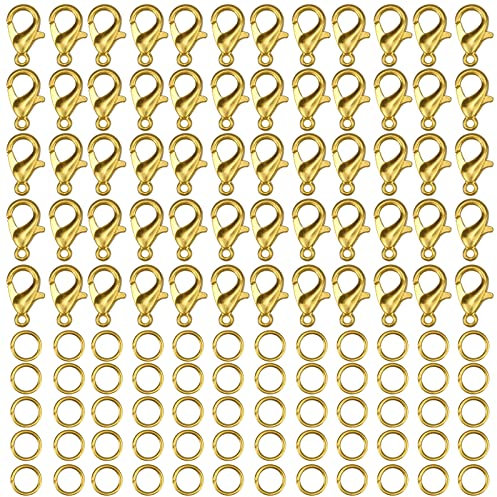 300 Stück Gold Karabinerverschluss Schmuck Set 12x7mm Kettenverschluss Gold Und Biegeringe Offene Verschlüsse für Ketten Schmuckverschlüsse für Schmuckherstellung, Ohrring, Armband, Halskette