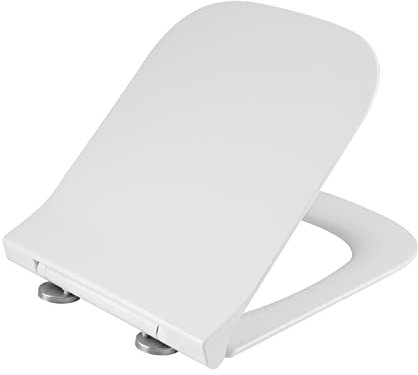 WOLTU Tapa de Inodoro con Cierre Suave, Asiento de Inodoro UF Antibacteriana, Tapa WC Universal con Liberacion Rápida, Limpieza Fácil, Bisagras Ajustables, Cuadrado blanco