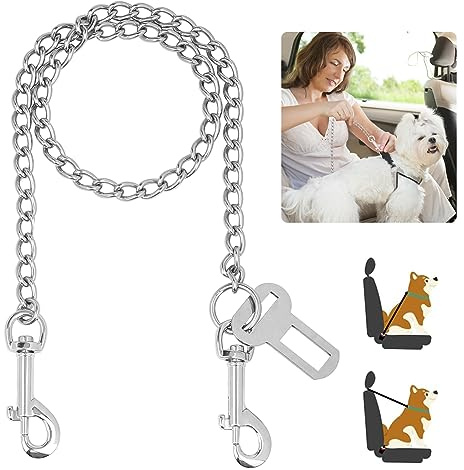 EFUTURETIME Cinturón Seguridad Perro Coche 85cm, Correa de Acero Inoxidable 304 Antimordeduras, Arnés 3 en 1 para Cinturón de Seguridad, Maletero e ISOFIX