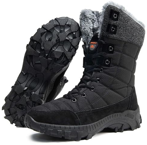 Maxome Mens Snow Winter Boots Warm Fur Lined Ankle Walking Boots for Men Waterproof Anti-Slip Mid Calf Hiking Walking Shoes Outdoor Lightweight Snow Shoes Black