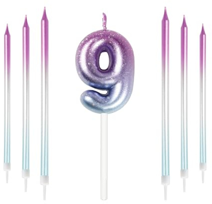 mciskin Purple Blue 9th Birthday Candles, Colorful Long & Number 9 Candle for Cake,Girls Boys 9th Birthday Decorations,Purple Blue Cake Toppers Perfect for Wedding & Party Decorations Supplies