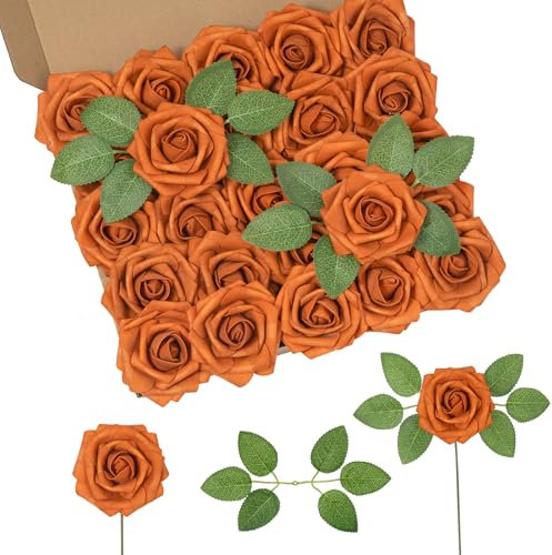 DuHouse 25Pcs Artificial Roses Flowers Fake Rose with Stems Real Touch Foam Flower Head for DIY Wedding Bridal Bouquet Baby Shower Centerpiece Floral Arrangement Party Home Decor(Burnt Orange)