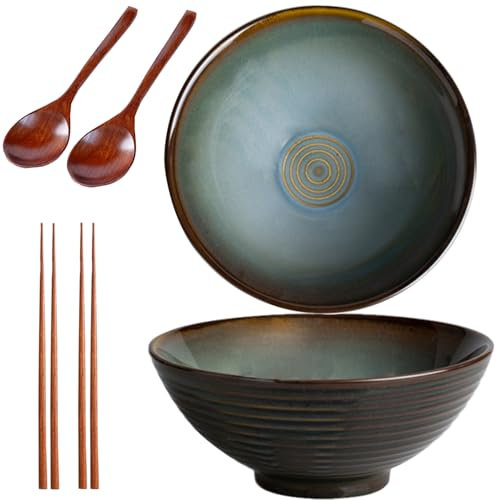 Sightday Tazón para ramen,cuenco de fideos,juego de 2 cuencos de ramen de 1200 ml (cuenco de ramen con cucharas de ramen,palillos),cuenco de cerámica para cuenco de pasta,aperitivos,sopa