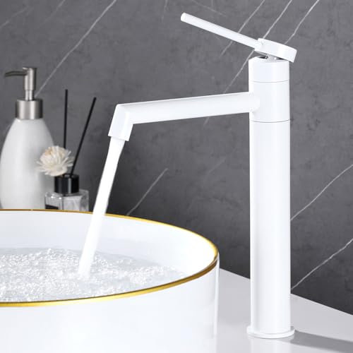 SHANFO Waschtischarmatur Hoch, Wasserhahn Bad Hoch mit 360°Drehbar Auslauf, Waschtisch Armatur Bad, Einhebel Mischbatterie für Aufsatzwaschbecken, Weiß, 7M6OK-T