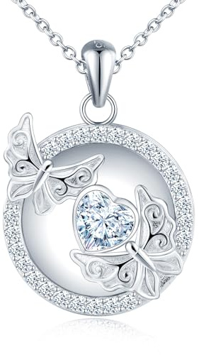 MicLee Collar Foto Mariposa Medallones de Plata 925 para Mujer Collares Colgantes Photo Openable Moda Redondo Colgante Mariposa Recortada con Circonita Corazón Collar Souvenir