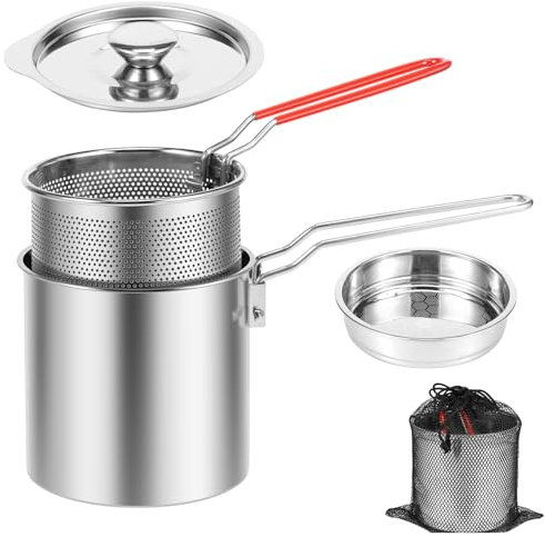 Mini-Fritteuse aus 304 Edelstahl mit Deckel und Sieb, Fritteuse für 1 Person, mit Korb und abnehmbarem Griff, kleine japanische Sparfritteuse für Pommes, Fisch, Hühnerflügel (1)
