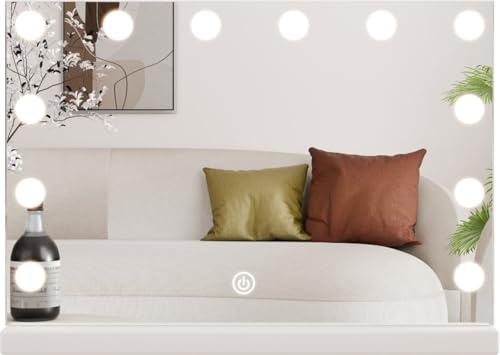 SensaHome Espejo de Tocador Pro - Espejo de Maquillaje Hollywood con 12 Lámparas LED Regulables, 3 Niveles de Luz, 46x58 cm - Blanco